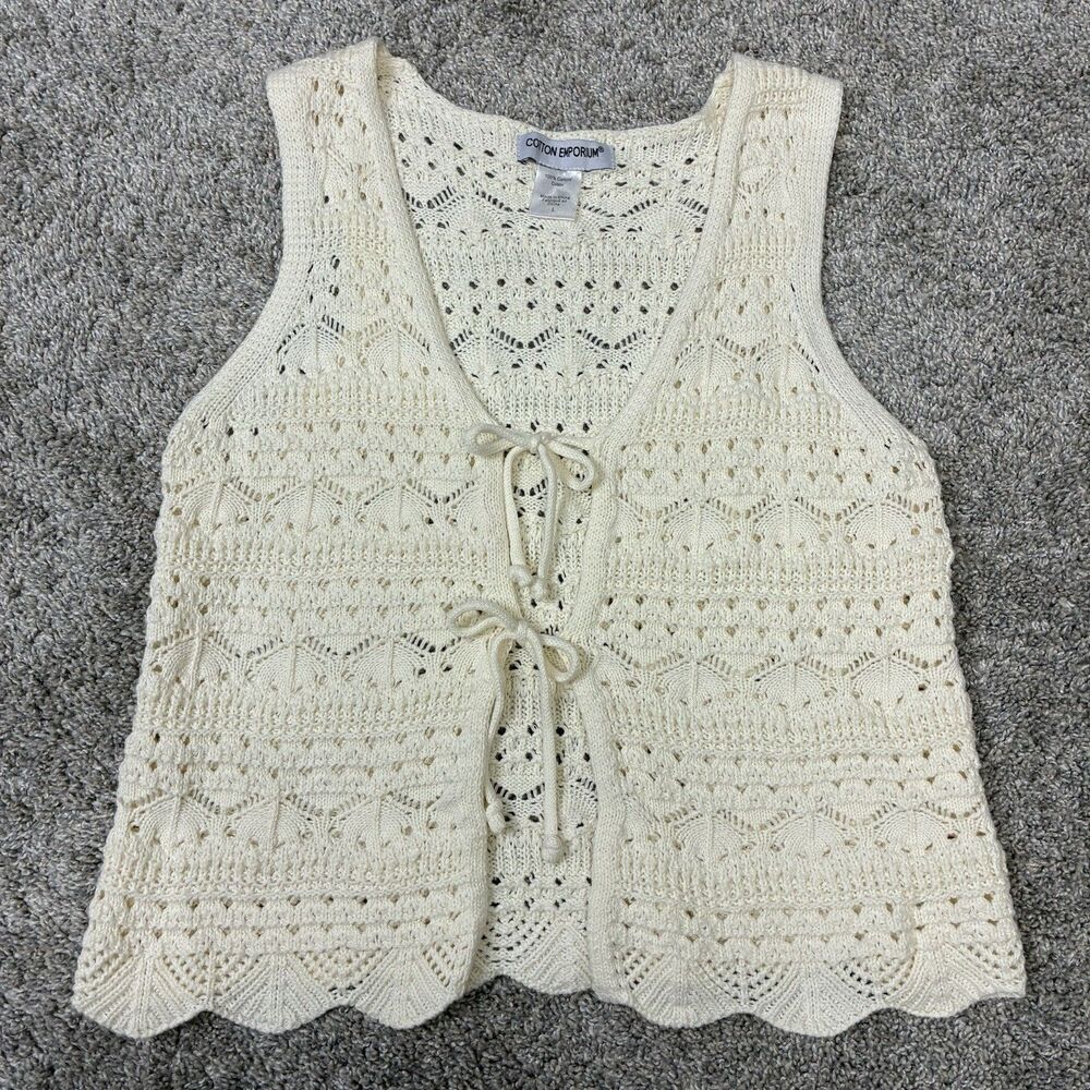 Cotton Emporium Crochet Tie Front Vest Sz Large Ivory- Sleeveless Boho Festival